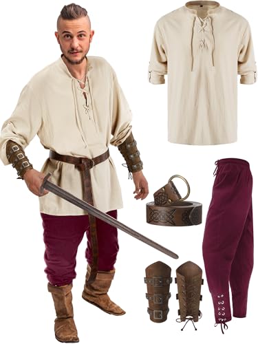 Jiuguva 4 Pcs Halloween Men's Renaissance Costume Set Medieval Pirate Shirt Ankle Banded Pants Viking Belt Accessories (Lovely Color,XX-Large)