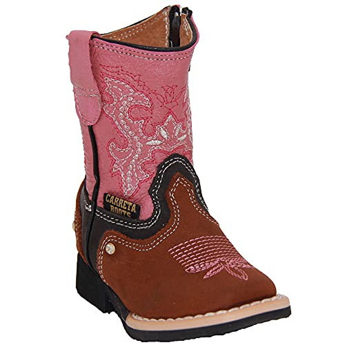 Image of Infant Toddler Girls Western Boots Pink Embroidered Heart Floral Detailed Kids Leather Cowgirl Cowboy Boot