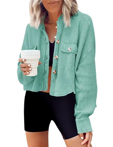 Image of Panadila Women's Cropped Waffle Knit Shacket Short Button Down Jacket Batwing Sleeve Shirts with Pocket