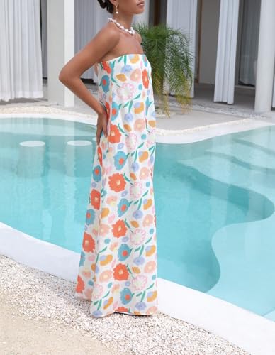 Image of Women Floral Strapless Maxi Dress Y2K Bodycon Tube Long Dresses Sexy Party Formal Cocktail Beach Slit Dress