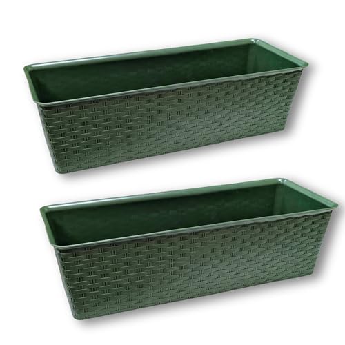 ADEPTNA Set of 2 Rattan Window Box Planters 15.5cm Green Plastic Outdoor Trough Flower Pots Rectangular Balcony & Window Sill Garden Planters Weather-Resistant Rattan Effect Plant Boxes