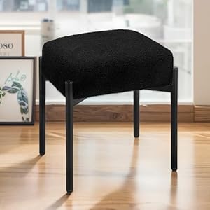 Vanity Stool Chair Faux Teddy Dog Fur Soft Ottoman Footrest Stool for Vanity Rectangular Makeup Chair Side Table with Metal Legs Modern Ottoman Footstool for Bedroom Living Room Black