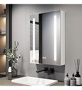 EMKE Bathroom Mirror Cabinet with Lighting 40 x 60 cm, 3 Light Colours Dimmable, Anti-Fog, Socket, B...