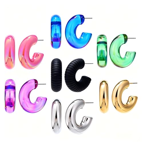 Chunky C-Shape Hoop Earrings, Acrylic and Metal, gold,silver,blue,black,pink,green,purple,Multicolor, Iridescent, Stud Post, Fashion Jewelry，7 Hoop Earrings sets,for a gift box