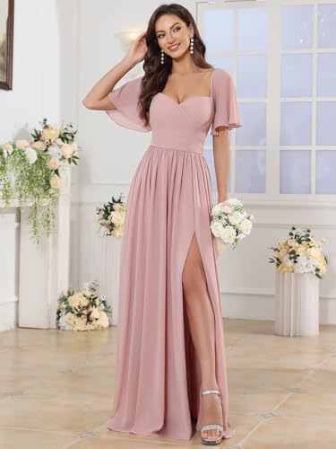 Chiffon Bridesmaid Dresses for Women Short Sleeves Sweetheart Formal Gowns with Slit2