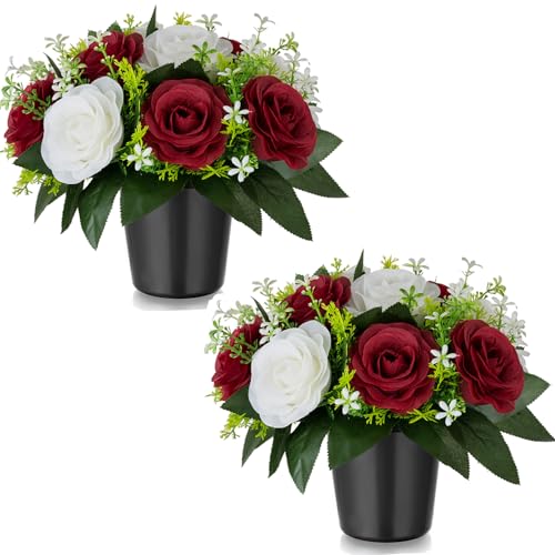BLOSMON Cimetiere Fleurs Artificielles en Pot: 2 Pcs Bourgogne Rose Artificielle avec Vase pour Cimetière Tombe Deco - Fleur Artificiel pour Exterieur Tombale...