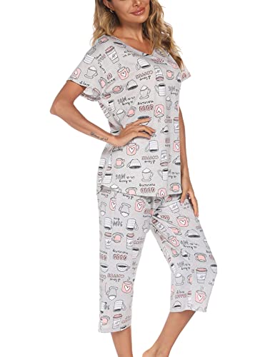 Image of ENJOYNIGHT Womens Pajama Sets Cotton Pj Set Short Sleeve Top With Capri Pants Sleepwear 2 Piece Lounge Set