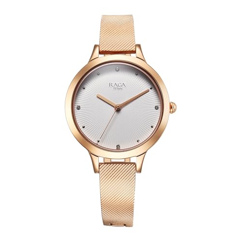 Titan Raga Memoirs Quartz Analog White Dial with Rose Gold Color Metal Strap Watch for Women