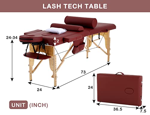 Massage Tables Portable Lash Bed 73 inch Tattoo Table, Height Adjustable Portable Spa Bed, 2 Folding Chiropractic Table w/Carry Case/Face Cradle/Hand Pallet/Towel Hanger/Oil Pouch/Sheet/2 Bolster