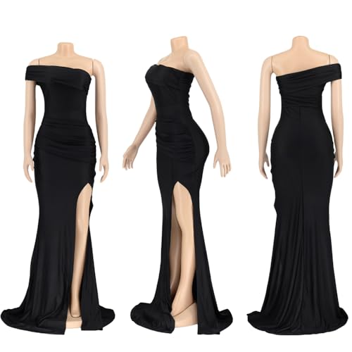 Image of Black Elegant Long Dress Split Formal for Women Off Shoulder, Women's Elegant Off The Shoulder Bodycon Evening Party Maxi Long Dress (Black, S), Small