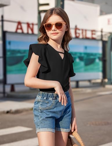 Image of Arshiner Girls Shirts Short Sleeve Tee Ruffle Solid Summer Keyhole Neck Cotton Blouse Tops