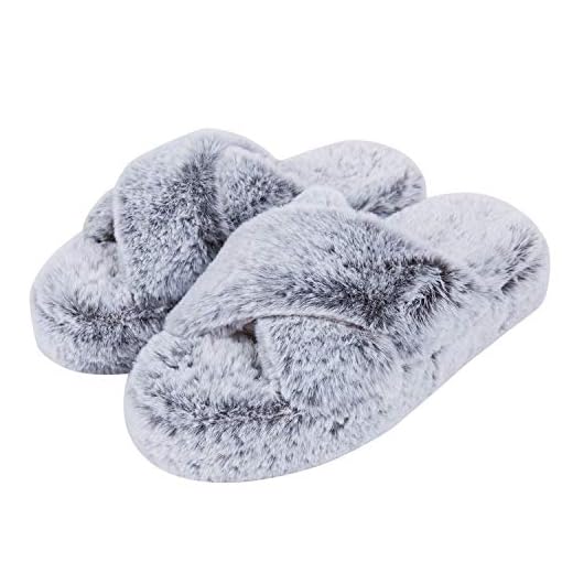 Pantufas femininas DL Fluffy para uso residencial, com bico aberto, pantufas de flanela de pelúcia macia para quarto femininas de espuma de memória, confortável e felpudo, sem cadarço, chinelos femininos para ambientes internos, rosa, cinza, preto e branco, Grey White, 9-10
