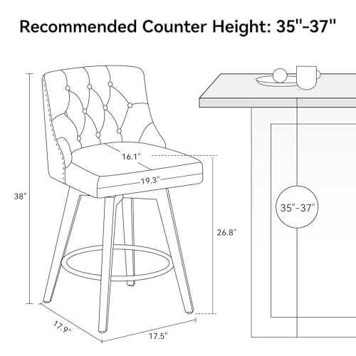 Image of Counter Height Bar Stool, 26.8 inchH Swivel Leather Barstool with Back and Solid Wood Legs, Counter Height Stool for Kitchen Island, Home Bar Pub, Black Grey