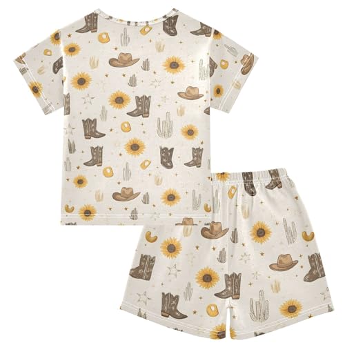 ALAZA Cowboy Boots Cactus Sunflower Pajamas Set Short Sleeve Cotton Sleepwear Summer Pjs 2 Piece 5-14Y2