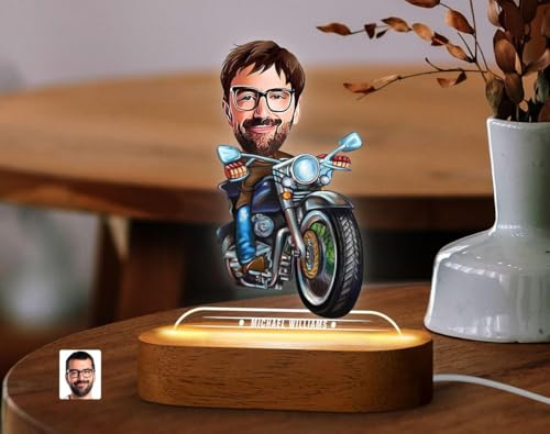 Image of THE GRANDEUR Caricature Gift for Men, Custom LED Motorcycle Rider Cartoon Lamp - Personalized Bike Figurine Gift for Him, Desk Decor Birthday Gift for Men, Anniversary Gift for Husband, (15 x 6 cm)