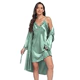 SPLASHGRIP Women's Satin Silk Nightgown with Robes Set 2 Piece Sexy Lace Cami Nightwear Pajama Sets Kimono Bridesmaid Robes Blue Green M