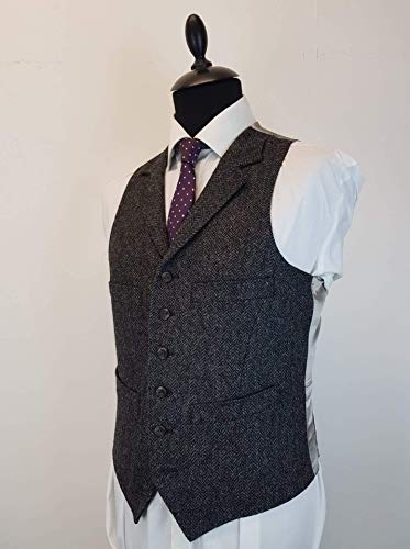 Mens Charcoal Dark Grey Wool Blend Tweed Herringbone Slim Fit Wedding Tuxedo Waistcoat Suits Vest3