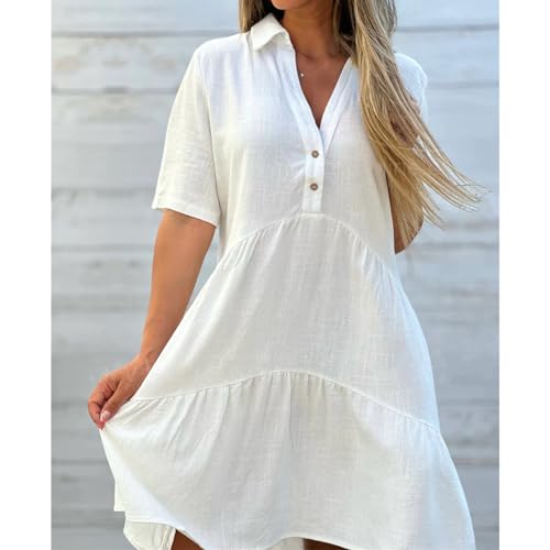 Beach Swimsuit for Women Cotton Linen Short Sleeve V Neck Coverups Dress Bikini Cover Up Shirt Button Down Midi Dress3