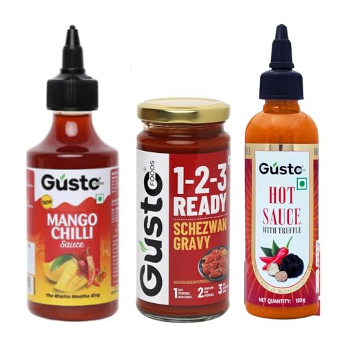 Image of Gusto Foods Combo Pack: Truffle Hot Sauce 120gm + Mango Chilli Sauce 240gm + Ready to Cook Schezwan Gravy 250gm | Spicy Pepper Blend Infused Truffle, Sweet & Sour Mango Chutney, and Easy Indo-Chinese Gravy | Perfect for Cooking, Dipping & Spreading