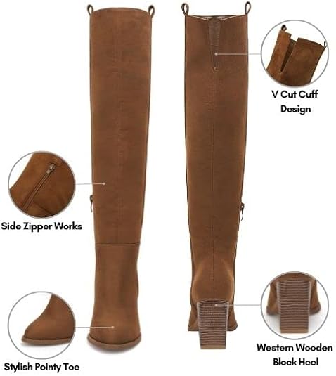 Ermonn Womens Faux Suede Knee High Side Zipper Chunky Heel Stretch Winter Boots