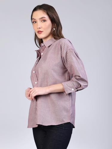 Image of Urbano Fashion Women's Cotton Full Sleeve Oversized Fit Casual Striped Shirt with Spread Collar