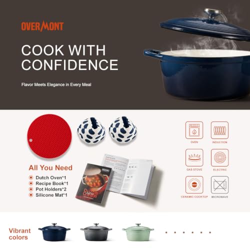 Image of Overmont Enameled Cast Iron Dutch Oven - 5.5QT Pot with Lid Cookbook & Cotton Potholders - Heavy-Duty Cookware for Braising, Stews, Roasting, Bread Baking Midnight Sapphire