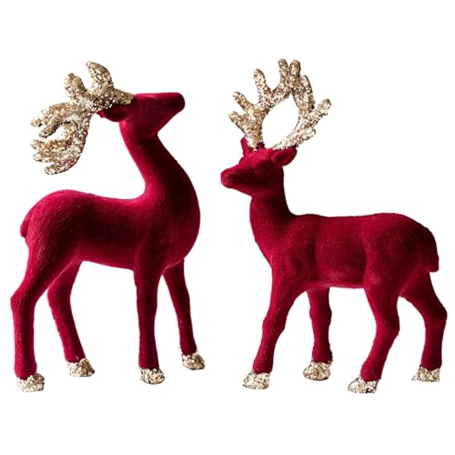 Joygoodta Figuras de Renos navideños, 2 Piezas de decoración de Escritorio de Renos navideños de Terciopelo de pie, estatuas de Ciervos Rojos para decoración del hogar, Sala de Estar, ofici