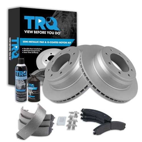 Image of TRQ Rear Brake Pad & Rotor Kit, with Chemical Kit Parking Brake Shoe Set Semi-Metallic Premium G-Coated Compatible with 2012-2019 Nissan NV1500 NV2500 NV3500