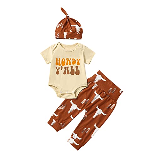 Image of Karuedoo Newborn Baby Boy Clothes New to The Herd Romper Cow Print Pants Hat 3Pcs Set Western Coming Home Outfit (G-Brown, 3-6 Months)