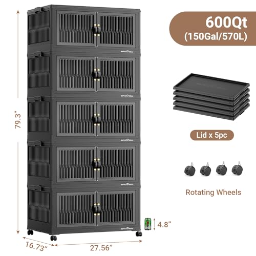 Image of BROVIEW 600Qt Stackable Storage Bins with Lid for Home Dorm, 5Pack Black