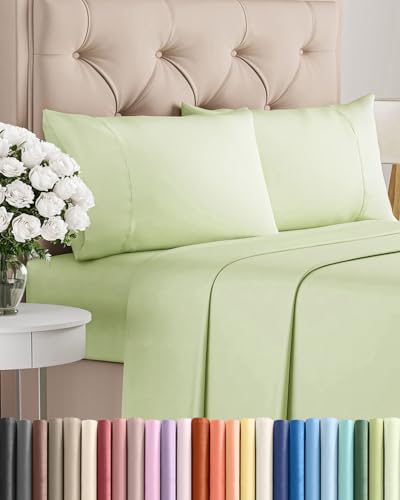 Image of Twin 4 Piece Bed Sheet Set - Breathable & Cooling Sheets - Light Sage Green | Ultra Soft Hotel Luxury Bedding Set with 8-16 Inch Deep Pockets, 1 Flat & 1 Fitted Sheet & 2 Pillowcases, Wrinkle & Fade Free
