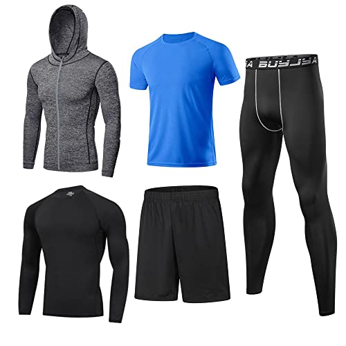 Image of BUYJYA 5Pcs Men's Compression Pants Shirt Top Long Sleeve Jacket Athletic Sets Gym Clothing Mens Workout Valentine's Day gift