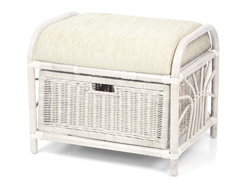 Krit Handmade Rattan Wicker Ottoman White Color Footstool Pouf Stool w/Basket w/Cushion
