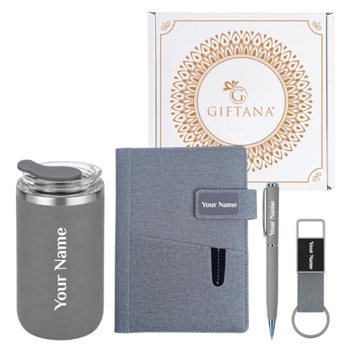 Image of Giftana Personalized Notebook Diary with Pen, Coffee Tumbler 350ml, Keychain Gift Set for Men and Women, 4 in 1 Personalized New Year Corporate Gifting for Employee, Birthday Gifts for Husband (Grey)