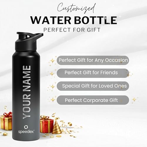 Image of Speedex Engraved Name Stainless Steel Sipper Water Bottle 1 Ltr - Customised Personalised Bottle for Kids & Adults, School, Gym, Sports, Black, Set of 1 (Black Grey, Set Of 1)