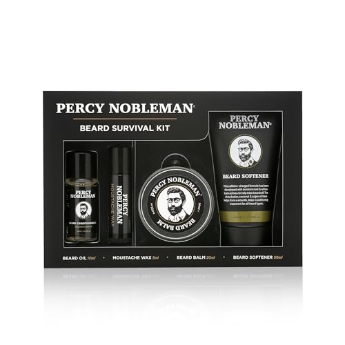 Percy Nobleman Zestaw survivalowy do brody – zestaw do pielęgnacji i pielęgnacji z pachnącym olejkiem do brody, balsamem do brody, woskiem do wąsów i zmiękczaczem do brody, do kondycjonowania