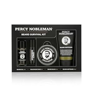 Percy Nobleman Beard Survival Kit, a Beard Grooming Kit containing a scented beard oil, beard balm, moustache wax, and a beard softener
