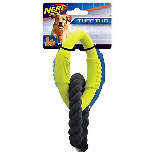 Nerf Dog 3-Ring Football Tug Dog Toy, Lightweight, Durable and Water Resistant, 9 Inches, For Medium/Large Breeds, Single Unit, Blue/Green