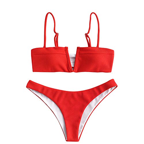 ZAFUL Swimwear V-Wired Ribbed Textured Tie Knot Back Padded Bikini Thong Two Piece Swimsuits Lava Red S