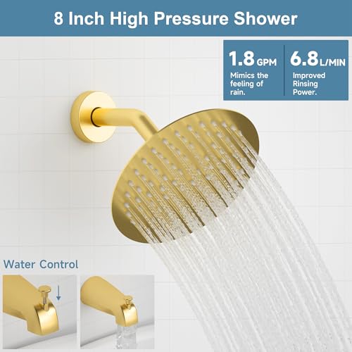 Set de ducha y grifo para bañera en color Oro Cepillado con válvula balanceadora de alta presión, cabezal de ducha de 8 pulgadas y manija única para bañera y ducha miniatura 4