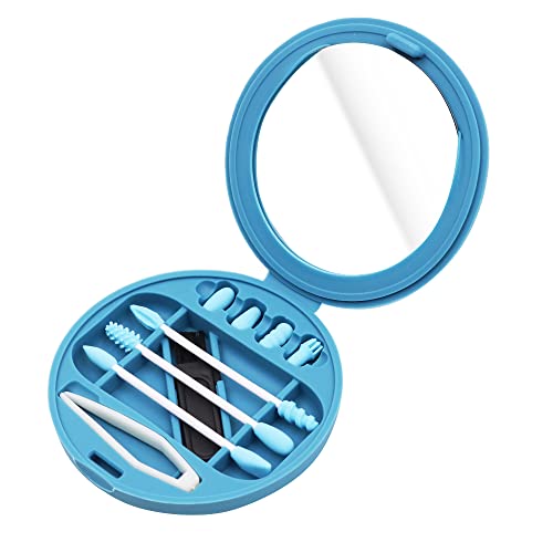 VOANZO Reusable Cotton Swabs Washable Portable Silicone Swab with Mirror for Makeup Ear Cleaning Beauty(Blue )