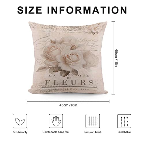 French Vintage Roses Throw Pillow Cover Cozy Square Throw Pillowcases Home Decorative For Bed Couch Sofa Living Room Cushion Case 18"X18" #TOP1