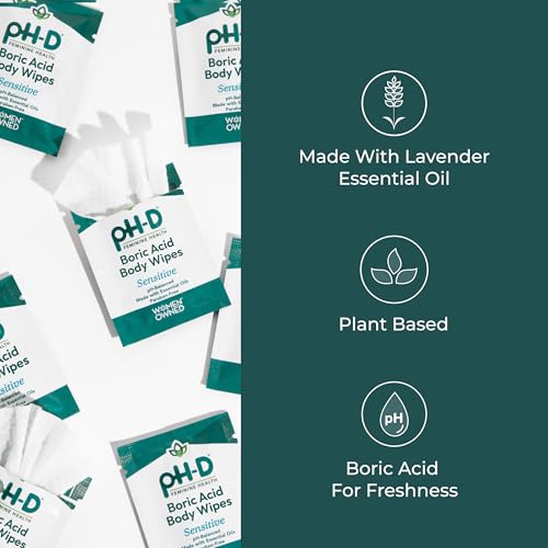 Image of pH-D Feminine Health Support - Boric Acid Wipes - Holistic Body Wipes - Travel Friendly, pH-Balanced, Paraben-Free, and Made with Essential Oils - Sensitive - 20 count