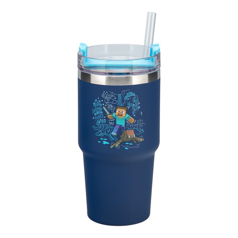 Paladone Minecraft - Taza y pajita con aislamiento azul para jugadores de 600 ml, botella de agua con licencia oficial para bebidas frías y calientes, té, café,
