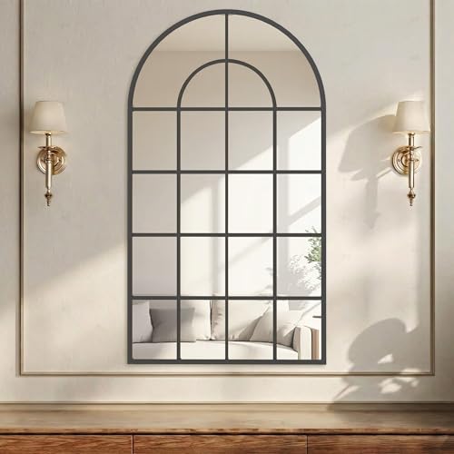 HOMCOM Modern Arched Wall Mirror, 110 x 62 cm Window Mirror for Living Room, Bedroom, Hallway, Black
