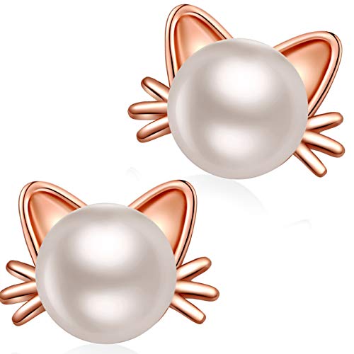 Pendientes Gato Perla Mujer Plata de Ley 925 Blancas Pendientes Perla para Mujer Niña