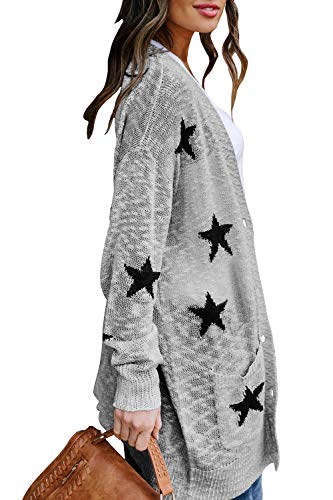 Hapcope Women's Star Print V-Neck Button Down Long Sleeve Knit Cardigan Sweater Grey S #TOP3