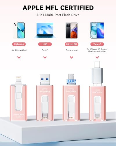 Image of MFi Certified Flash Drive for iPhone iPad 512GB, Photo Stick for External Memory Storage, Easily Back Up and Save Photos Videos, USB Memory Stick Thumb Drive for iPhone /iPad /Android /PC (Rose Pink)