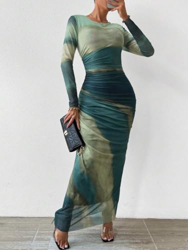 Image of LIGHT DOT Women's Printed Bodycon Maxi Dress Long Sleeve Tie Dye Mesh Ruched Cocktail Dress