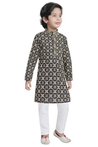 Image of TinySteps Boys' Ethnic Wear - Cotton Lakhnavi Chikan Kurta with Golden Sequence Work and Elastic Waist White Cotton Pajama - Festive & Wedding Outfit